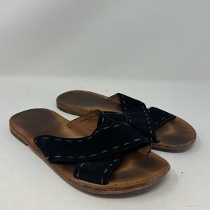 Frye Avery Pickstitch Women 7.5 Black Suede Slide Sandal Crisscross Straps Flats